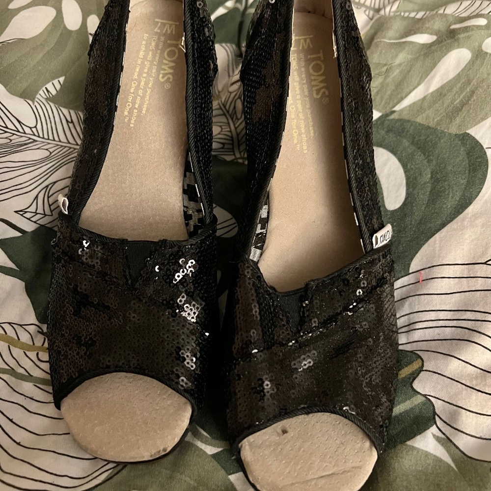 Black sequin Toms wedges -  worn once